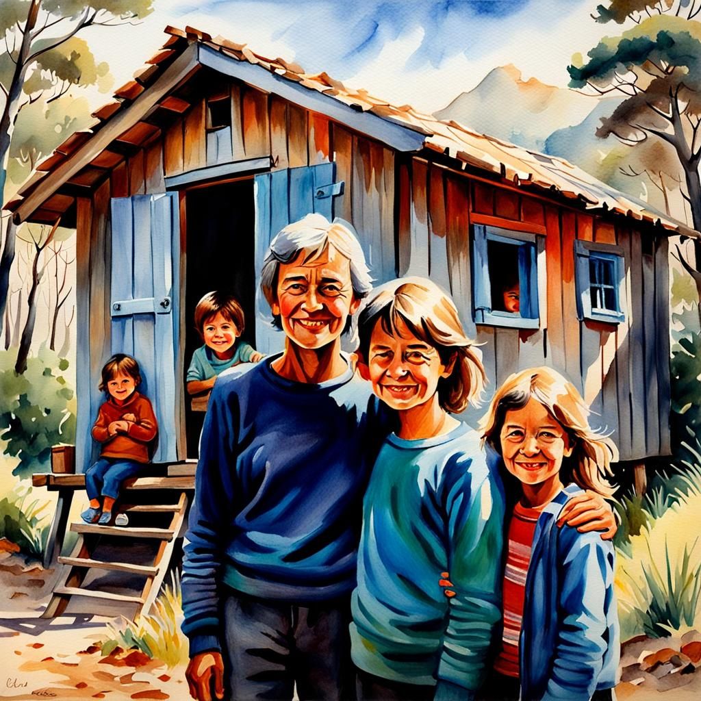 la cabaña con la familia  escondida  acuarela magistral,  aceite húmedo, óleo sobre lino, tendencia en artstation, enfoq...