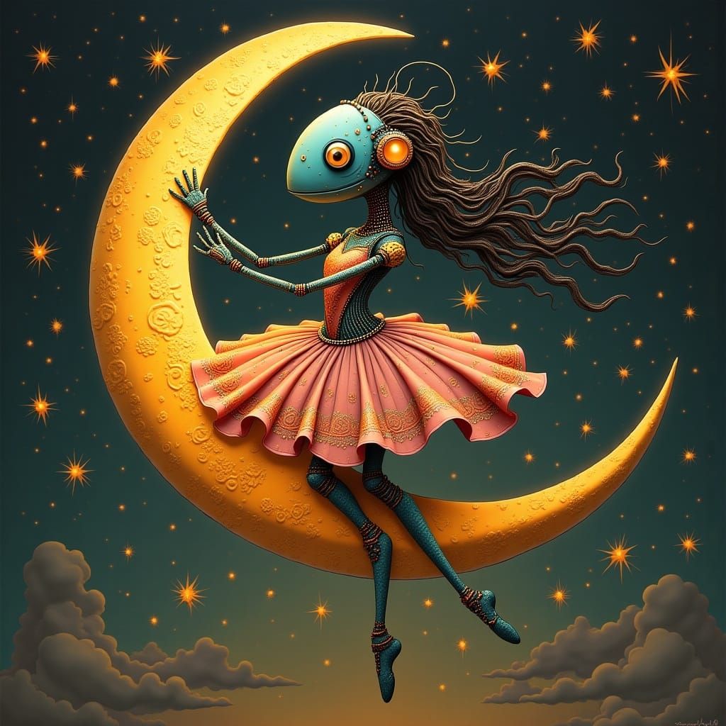 Graceful Robot Ballerina with Crescent Moon