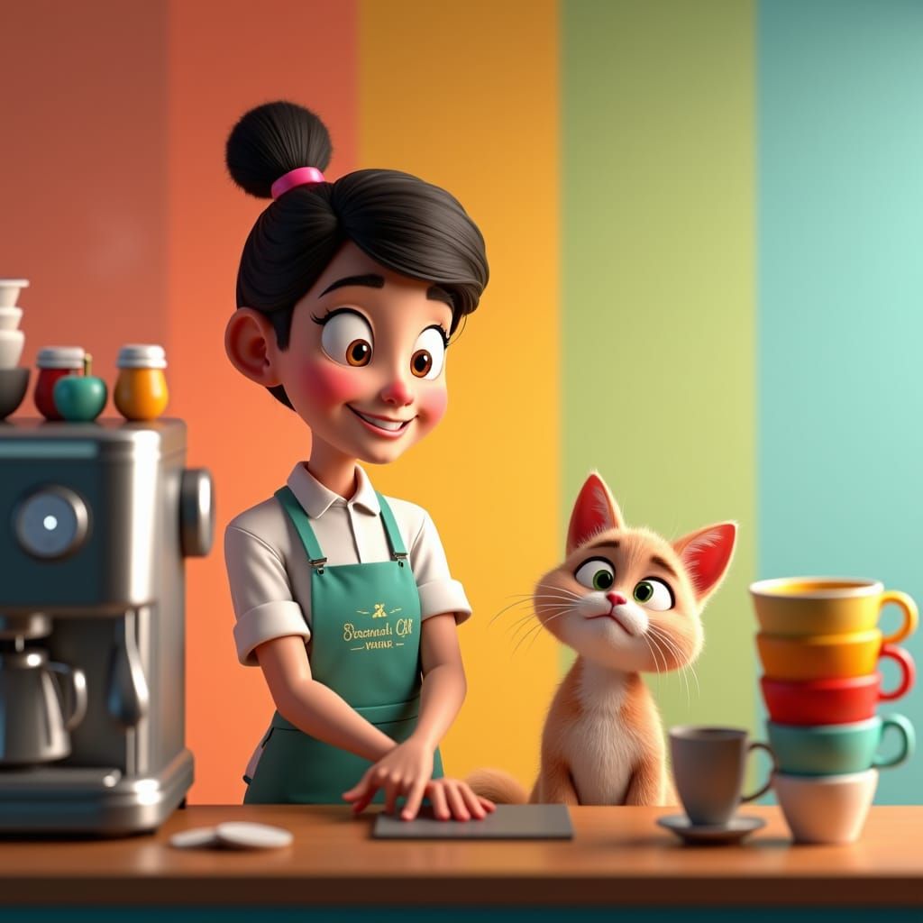 Joyful Barista and Cat in Pixar-Style Coffee Shop