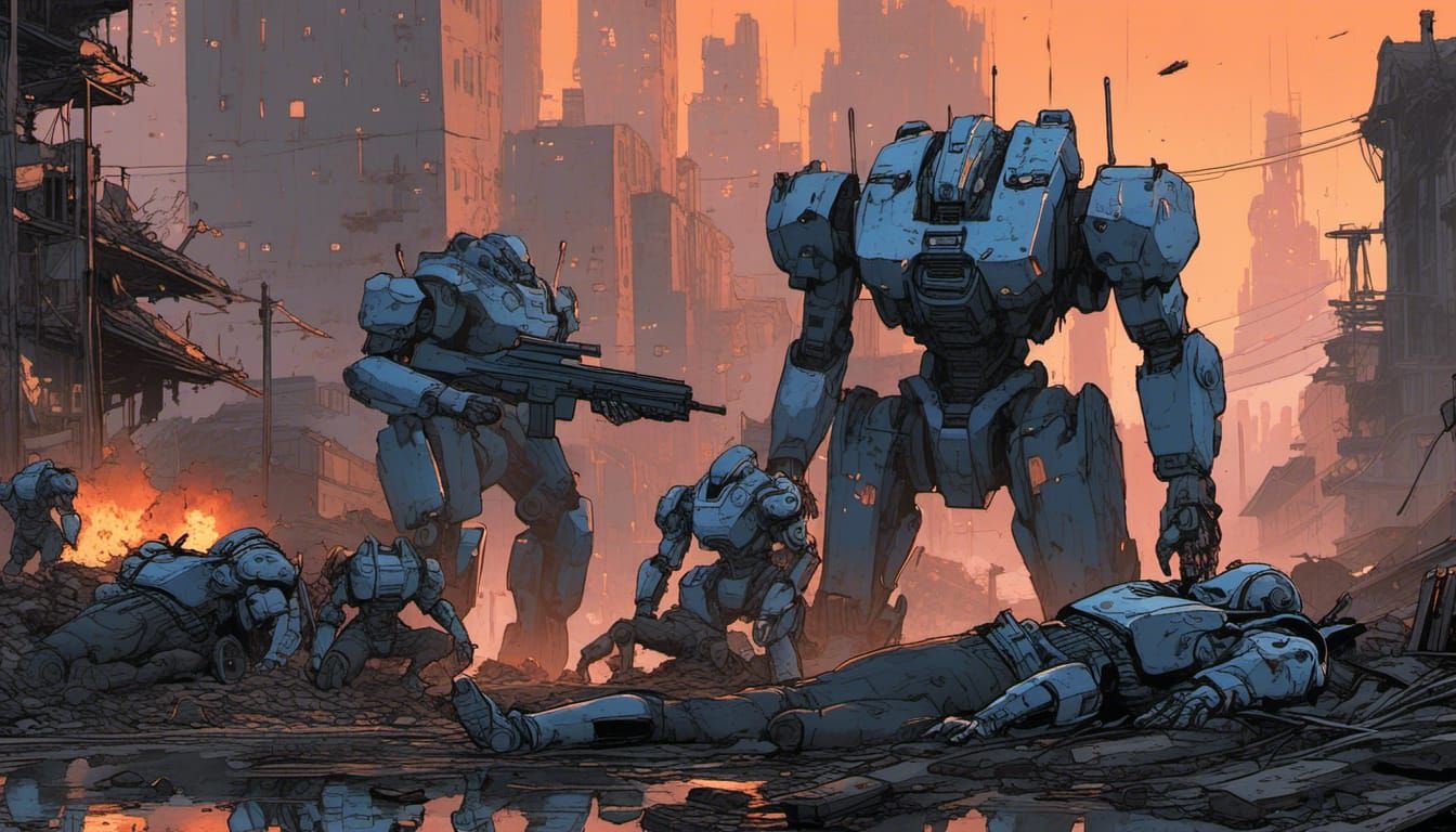 Cyborg Sentries Guard Fallen Mecha in Burning City