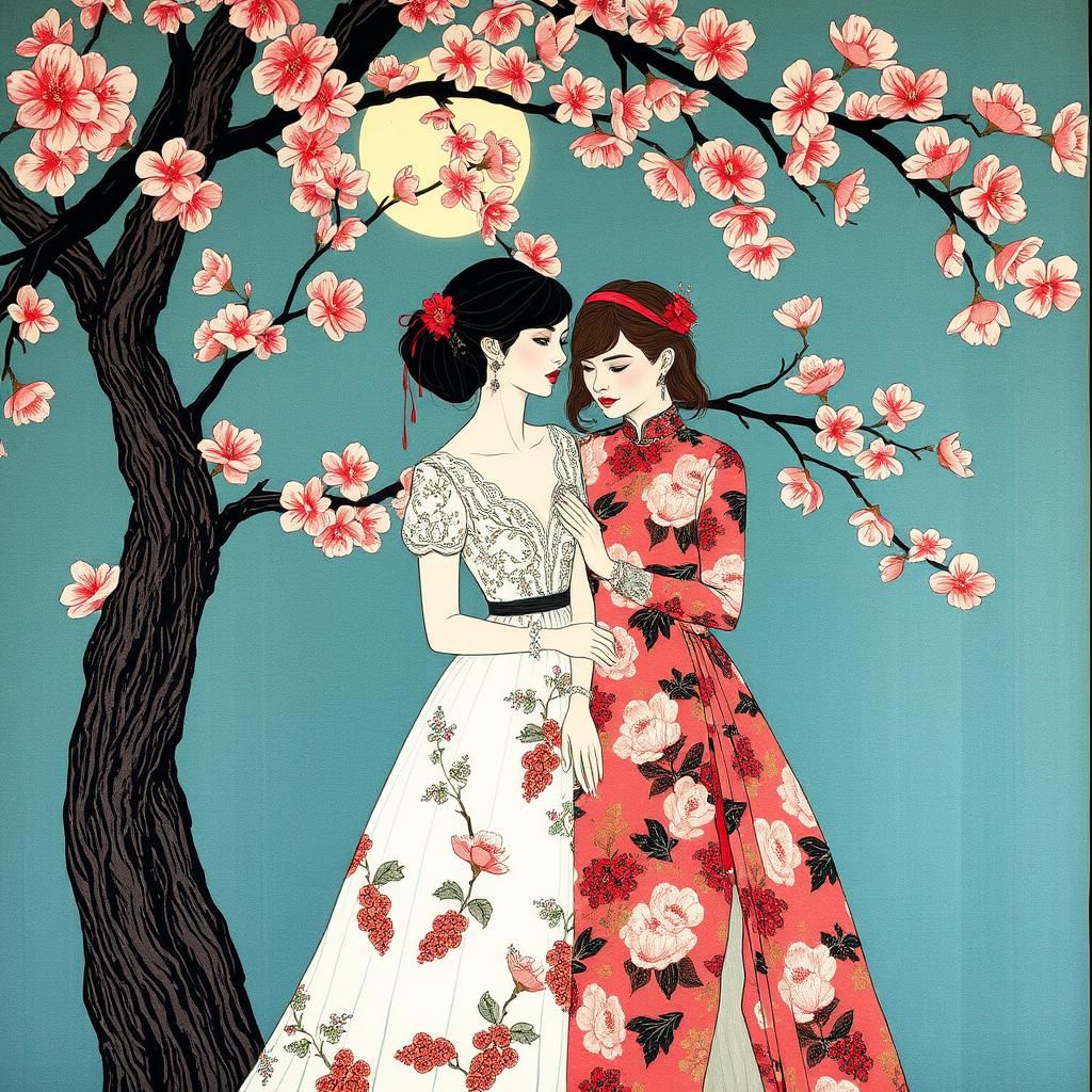Cherry Blossom Wedding in Art Nouveau Screen Print