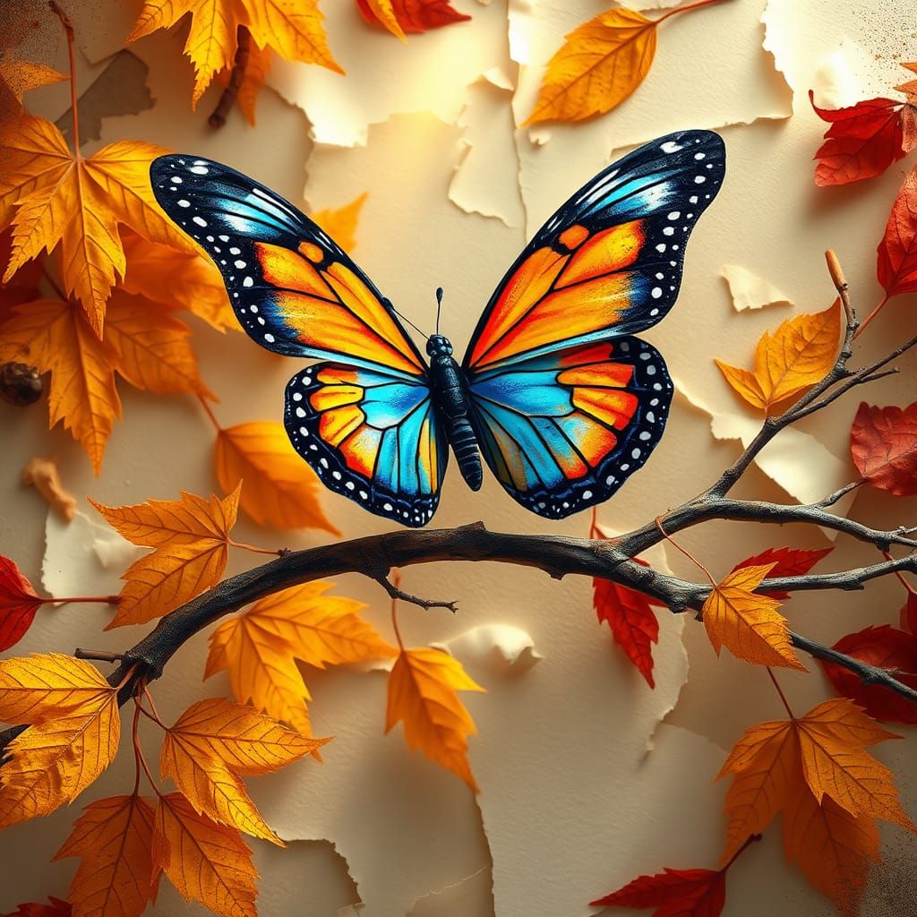 Butterfly on Layered Paper Collage, Baroque Still Life