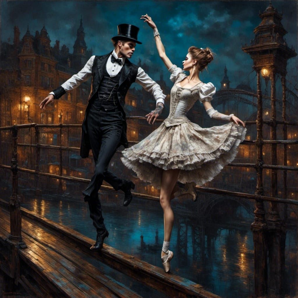 Victorian Ballet Couple Dancing on Bridge