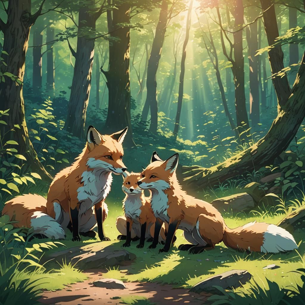 Fox and Cub in Sunlit Forest: Anime Key Visual