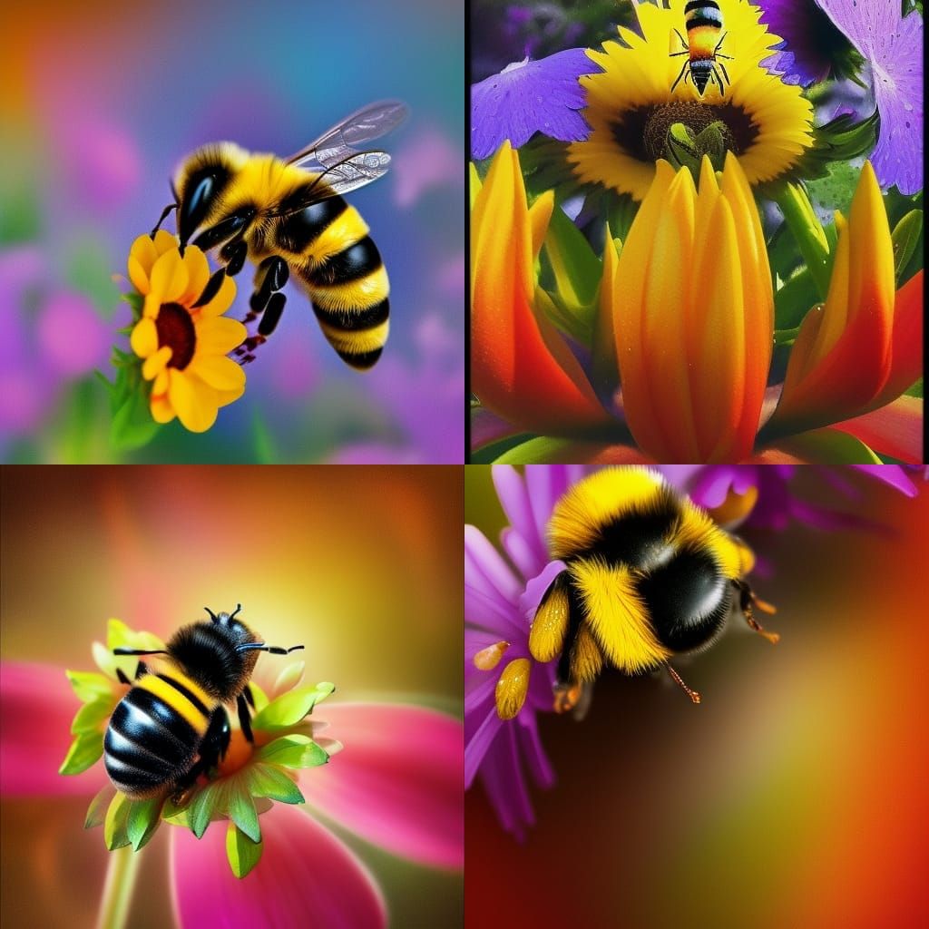 Hyperrealistic Bee on Flower in Splash Art Style