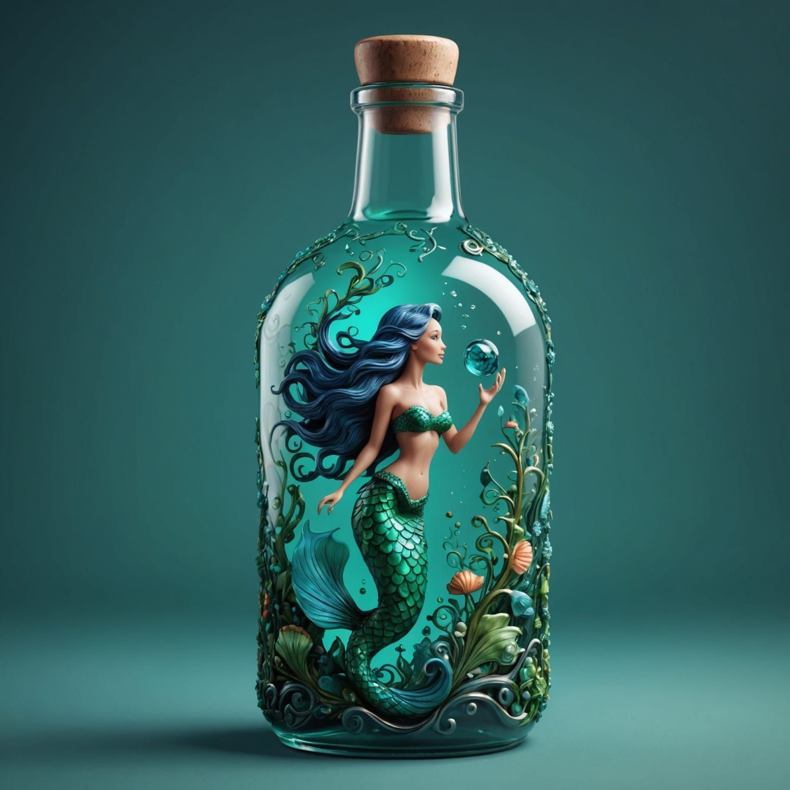 Mermaid in a Bottle: Green and Blue Doodle Art