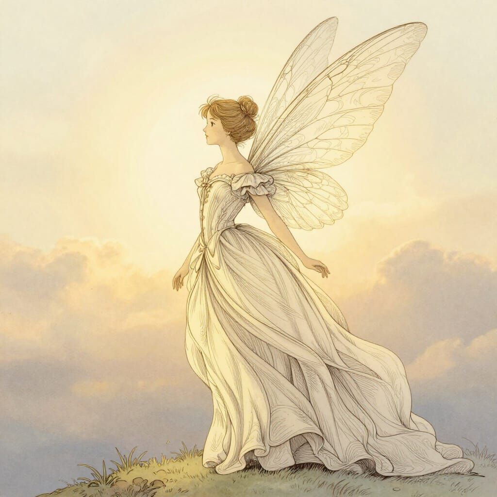 Ethereal Fairy Line Art Illustration in Fairytale Style