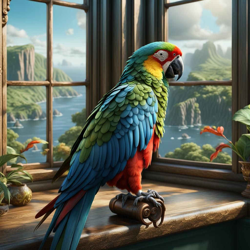 Parrot in Bay Window: Detailed Matte Painting