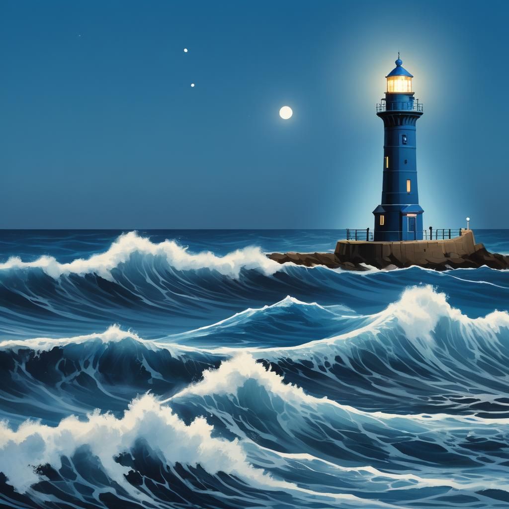 Blue Lighthouse at Night: A Monochromatic Seascape