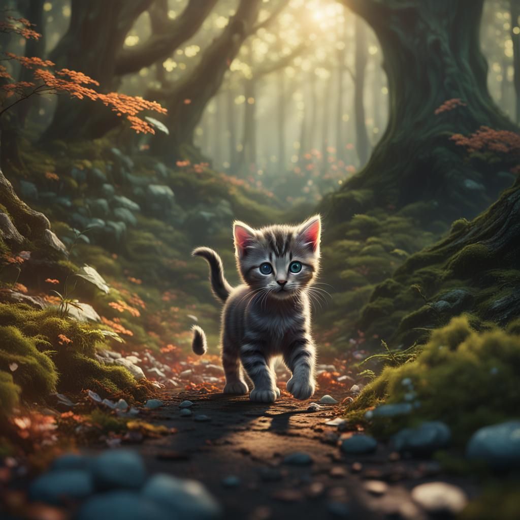 Kitten's Forest Discovery: Detailed Matte Painting
