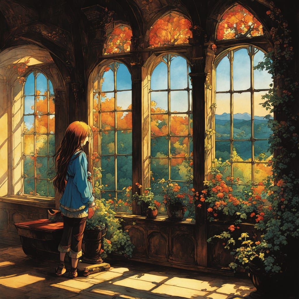 Anime Girl in Castle Window, Cartoon Style
