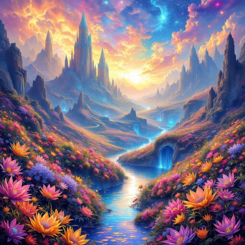 Cosmic Floral Realm in Vibrant Iridescence