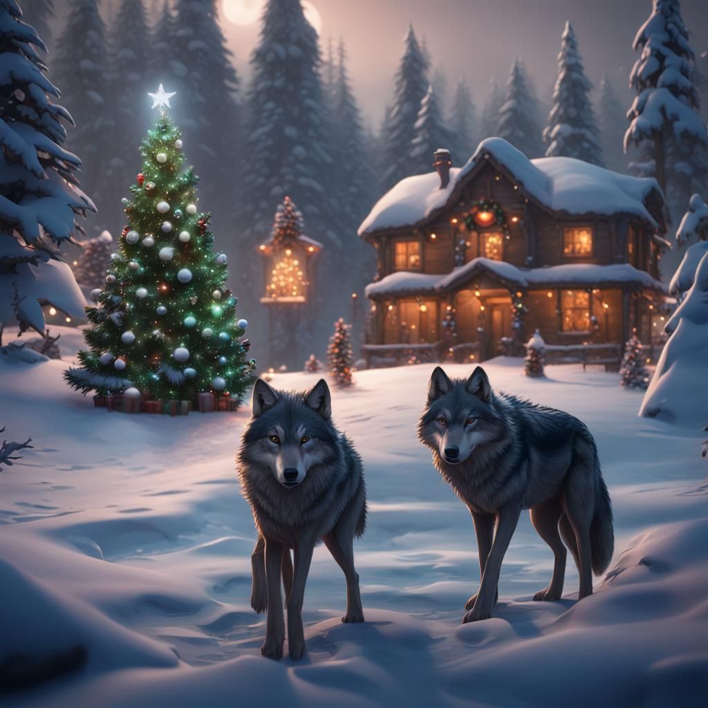 Wolf in Winter Christmas Scene, Matte Painting