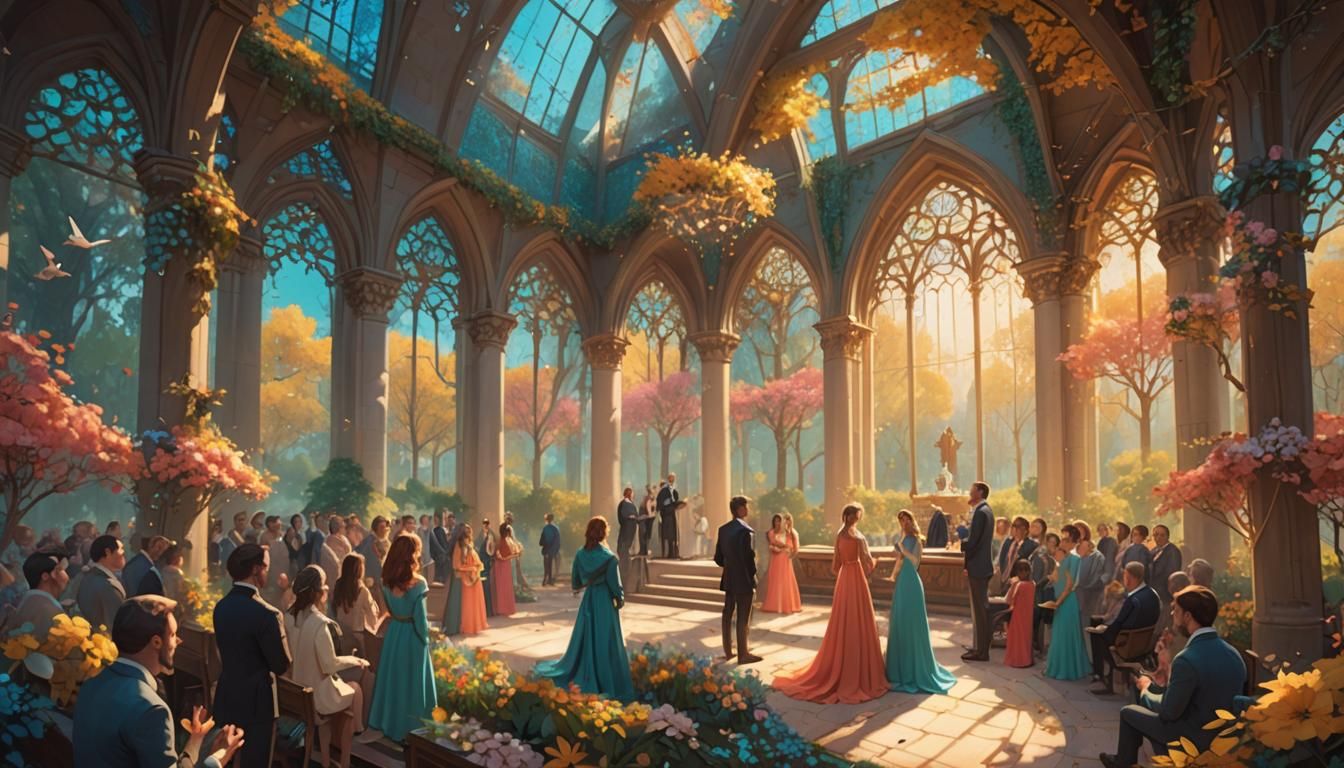 Vibrant Chapel Scene with Couples in Fantasy Art