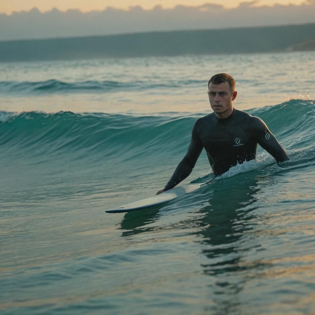 Man Surfing in Tropical Ocean with Golden Hour Lighting