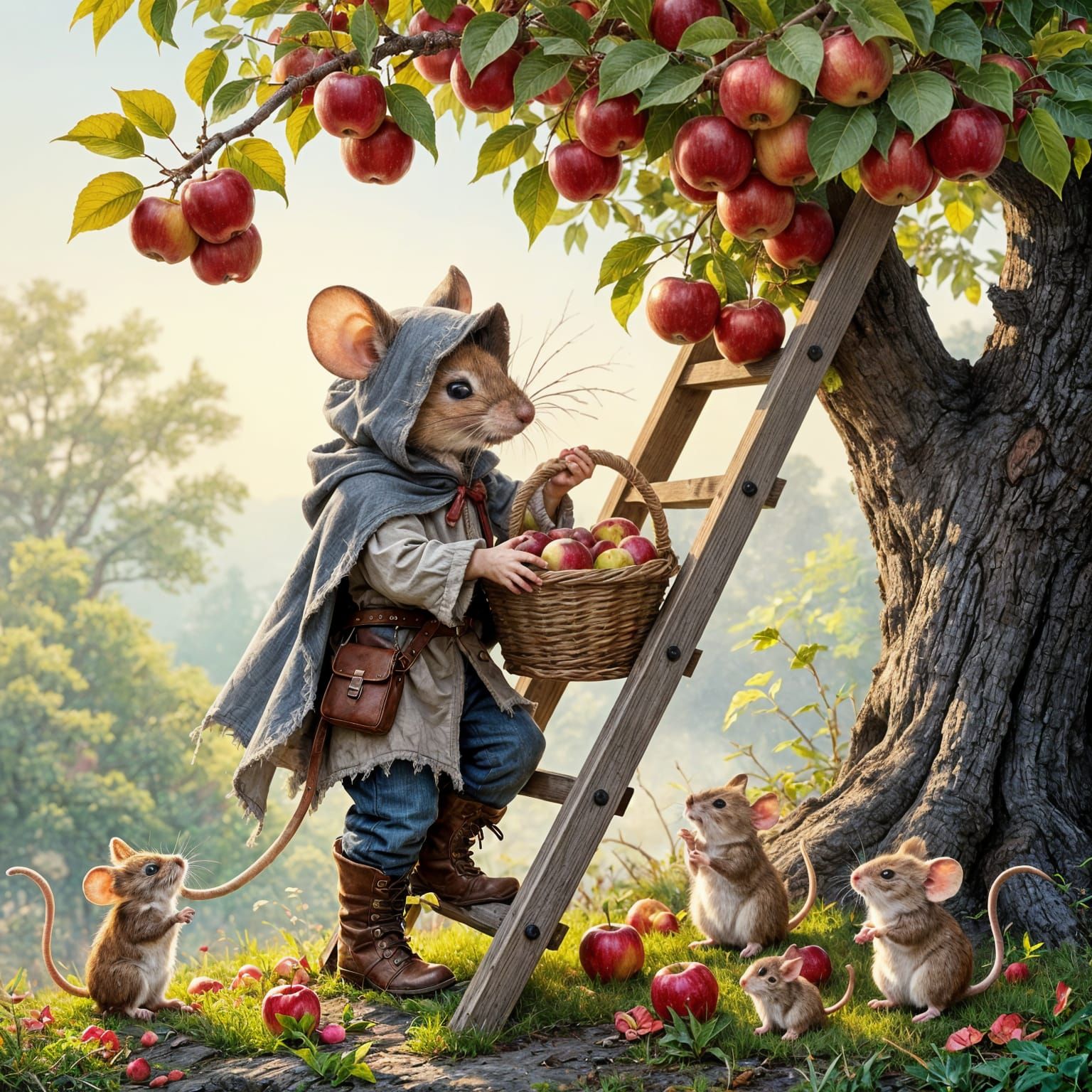 Anthropomorphic Mouse Harvesting Apples: Fantasy Art