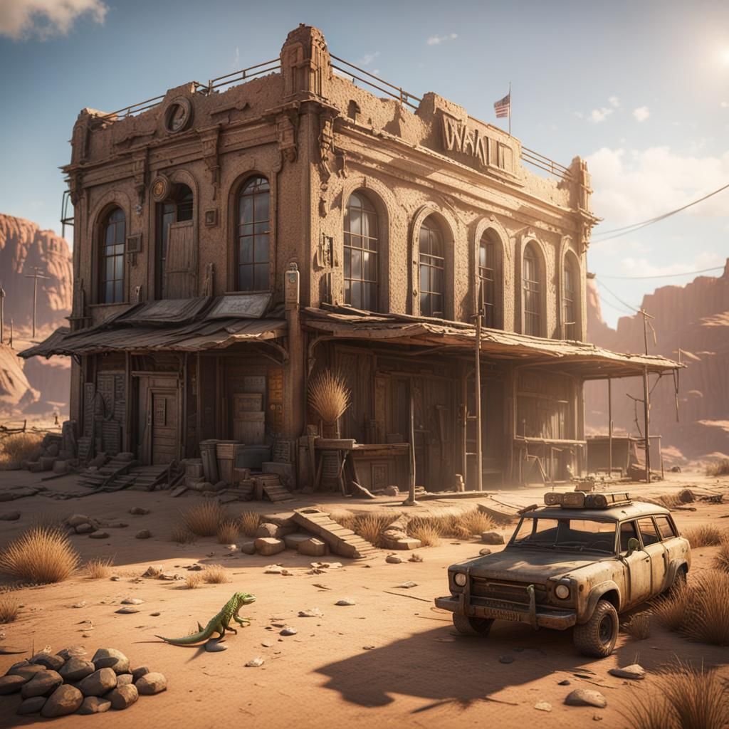 Post-Apocalyptic Desert Town Hall with Lizard in 3D