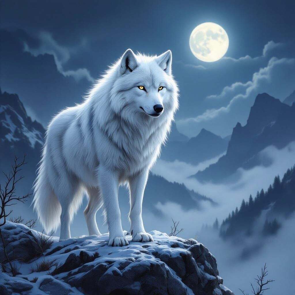 Majestic White Wolf in Misty Valley, Hyperrealistic