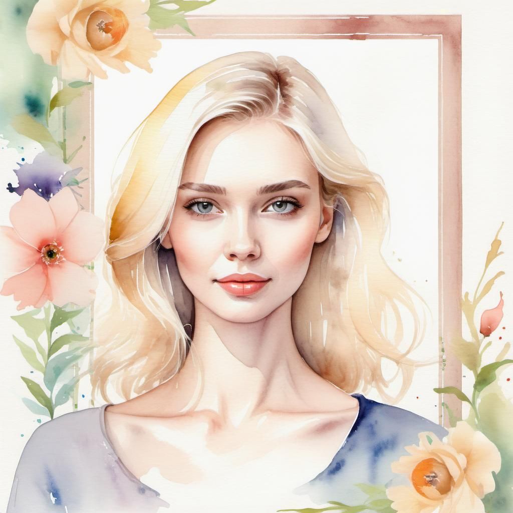 Watercolor Portrait of Woman with Book and Flowers