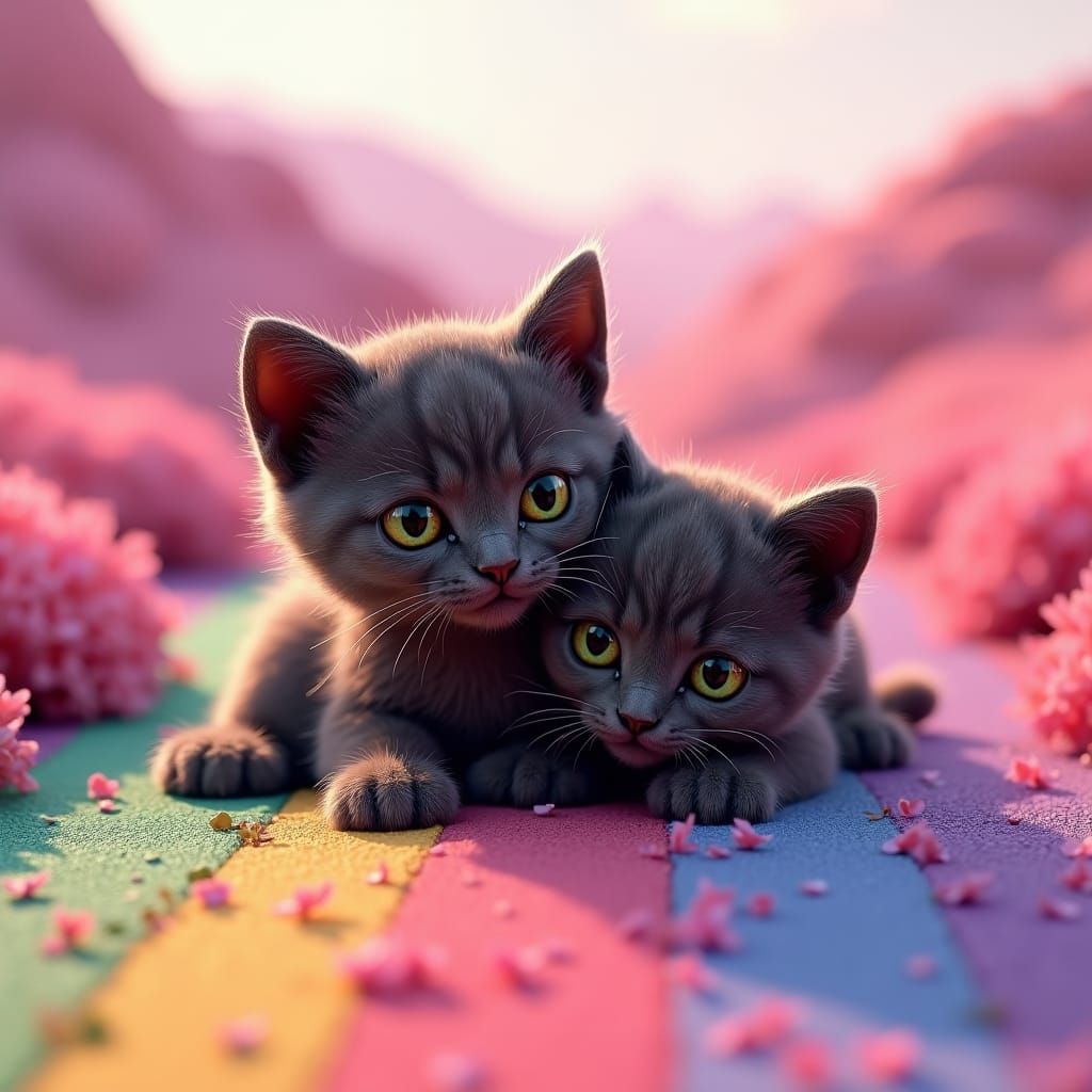 two dark fur kittens with large, bright green eyes and a fluffy, textured coat, snuggled on top of each other, basking i...