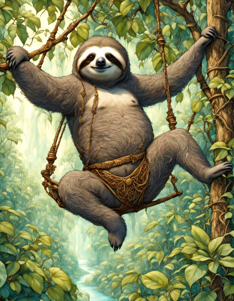 Anthro Sloth Swings Through Fantasy Jungle