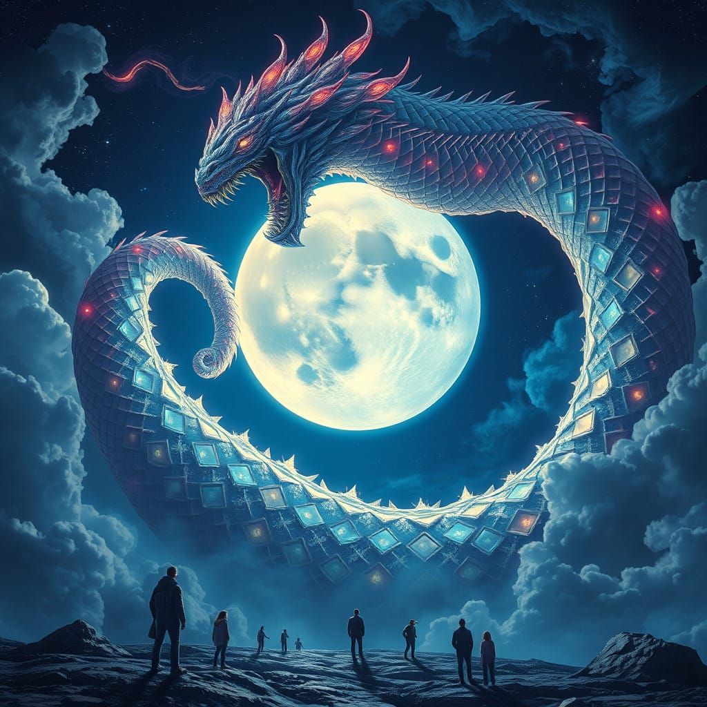 Cosmic Monster Devours the Moon Amidst a Starry Night