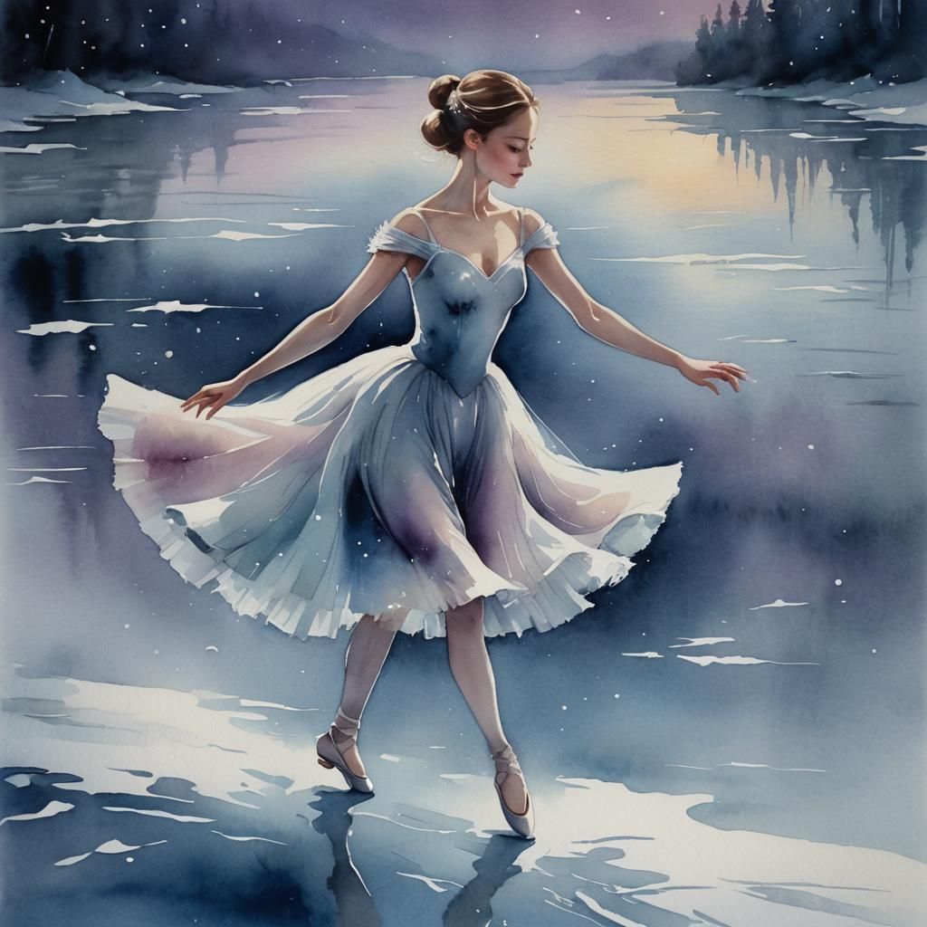 Ballerina Skating on Dark Lake in Watercolor Style