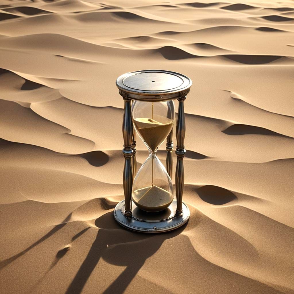 Minimalist Silver Hourglass on Desert Sand
