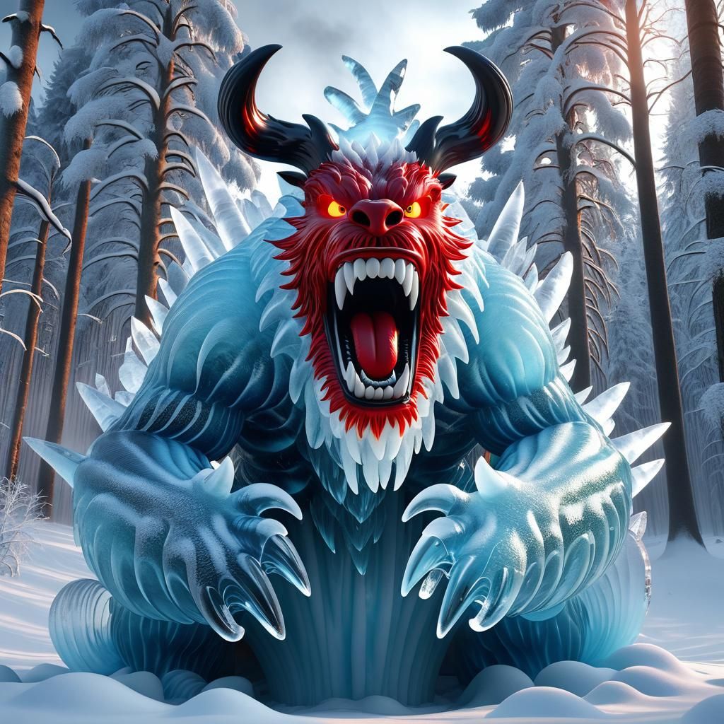 Icy Cloud Monster Sculpture in Winter Forest