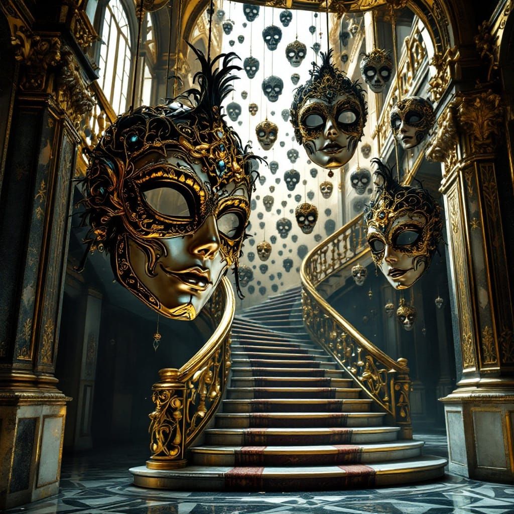 Baroque Carnival Masks in Gilded Architecture