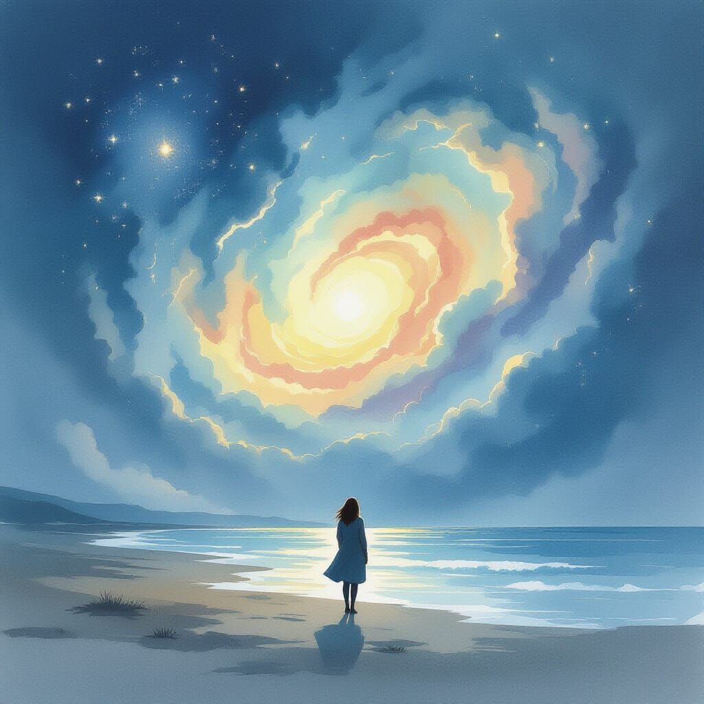 Woman Gazes at Ethereal Nebula Sky on Windswept Shore
