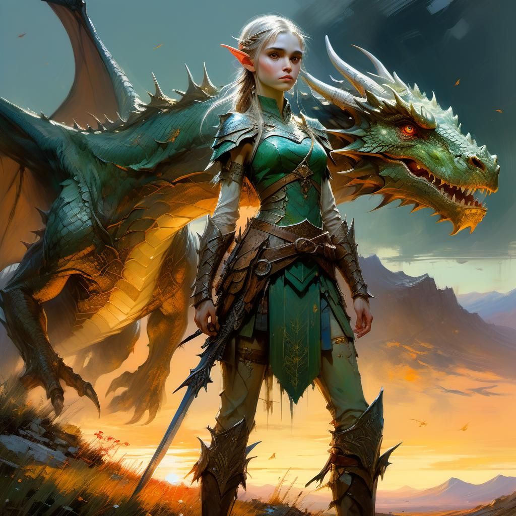 Elf Warrior and Dragon Sunset: Fine Art Painting