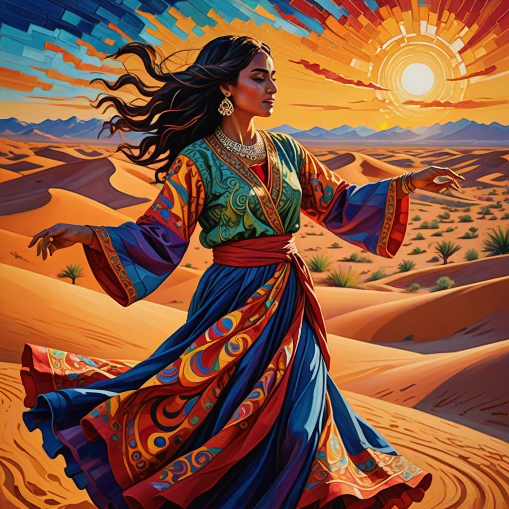 Vibrant Oil Painting of Arabic Woman Dancing in Desert