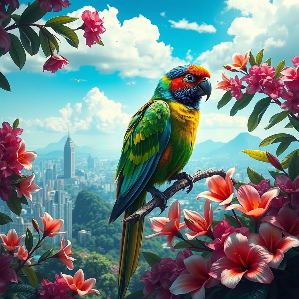 Surreal Tropical Landscape with Perched Canary and Rio Skyli...