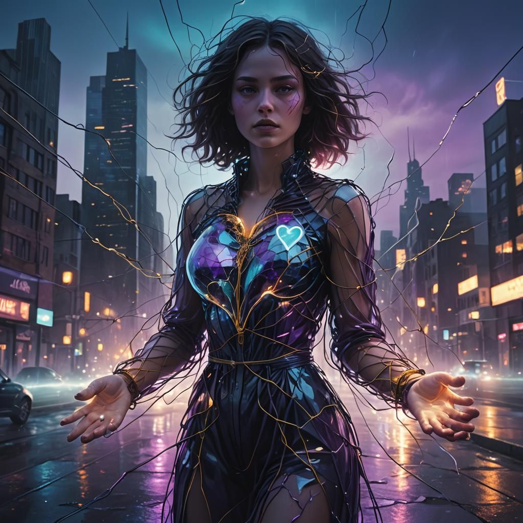 Glass Woman in Misty Cyberpunk Cityscape
