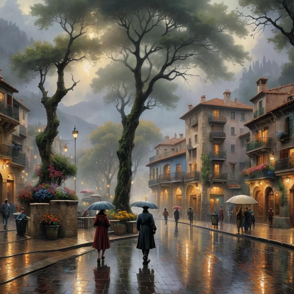 Ethereal Spanish Rainfall in Kinkade Style