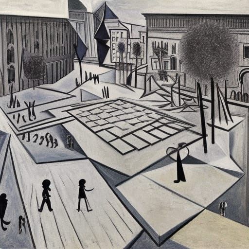 16k resolution, art by Pablo Picasso and Maya Lin. A bustling city square where monuments of war have been transformed i...