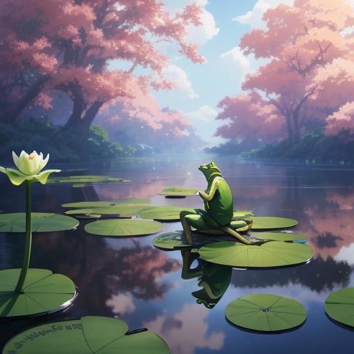 Frog Ponders on Lily Pad Cloud, Ghibli Style