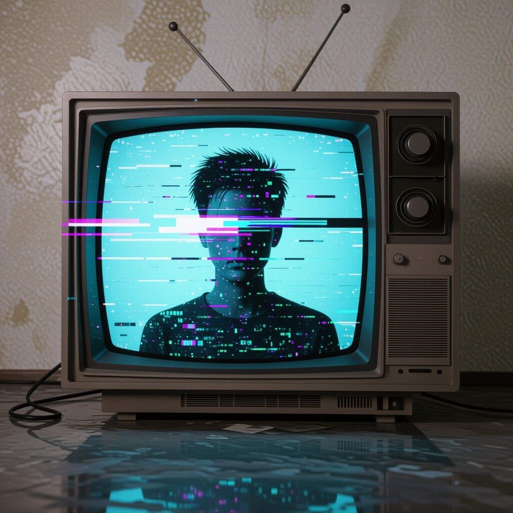 Distorted Figure on Glitching TV Screen