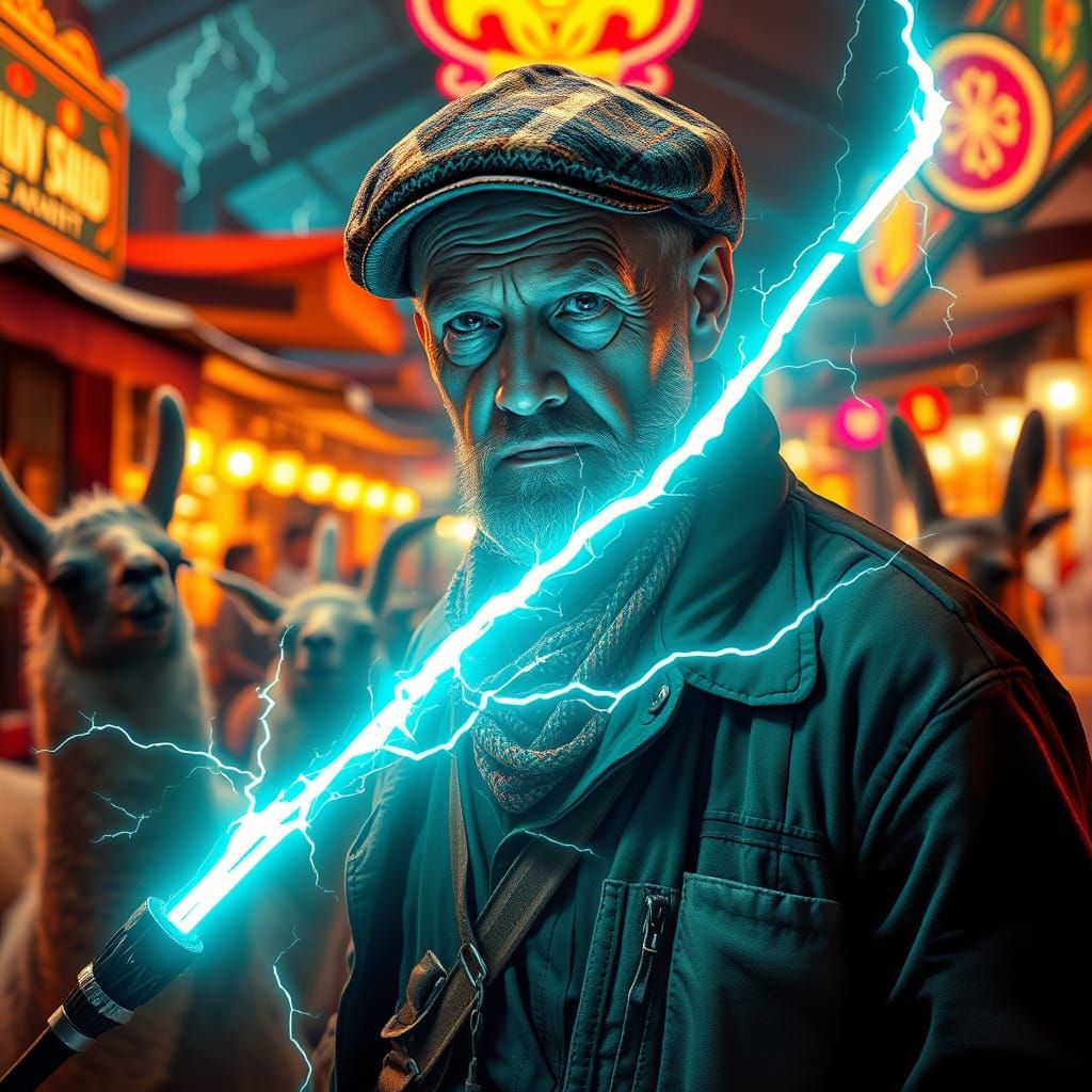 Cyberpunk Bazaar: Man Summons Lightning Blade