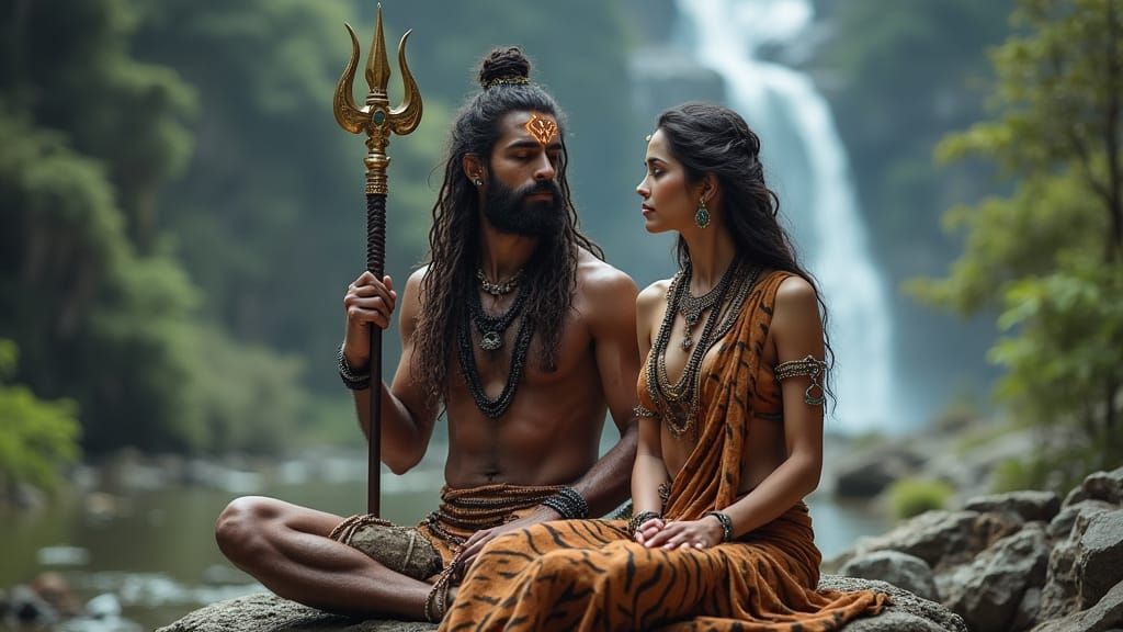 Hindu Gods Shiv and Parvati in Serene Himalayan Landscape