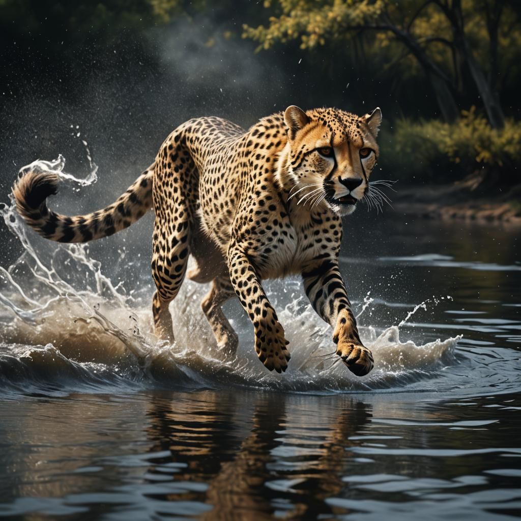 Cheetah Sprinting Across Water in Digital Painting Style