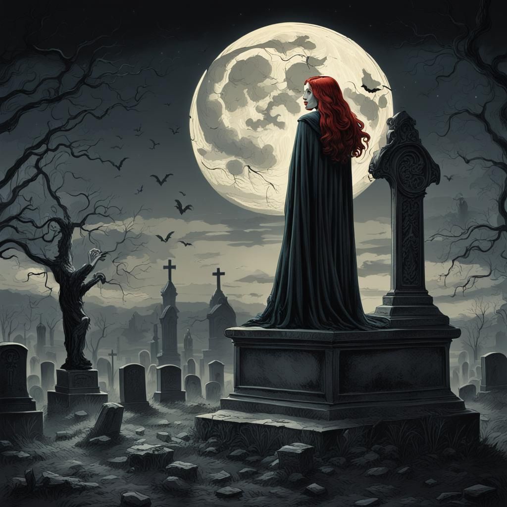 Vampire in Cemetery at Night, Gothic Horror Style