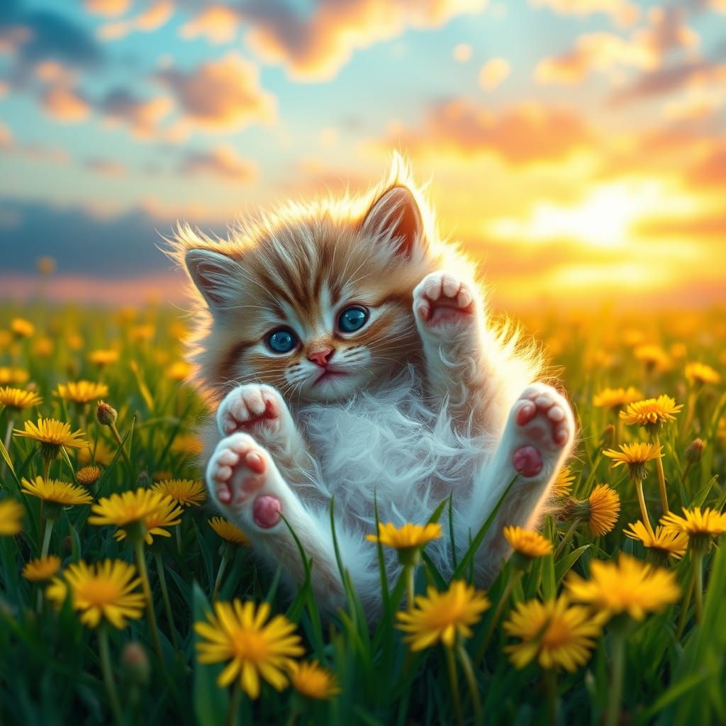 Kitten Tumbles in Dandelion Meadow Under Multicolored Sky