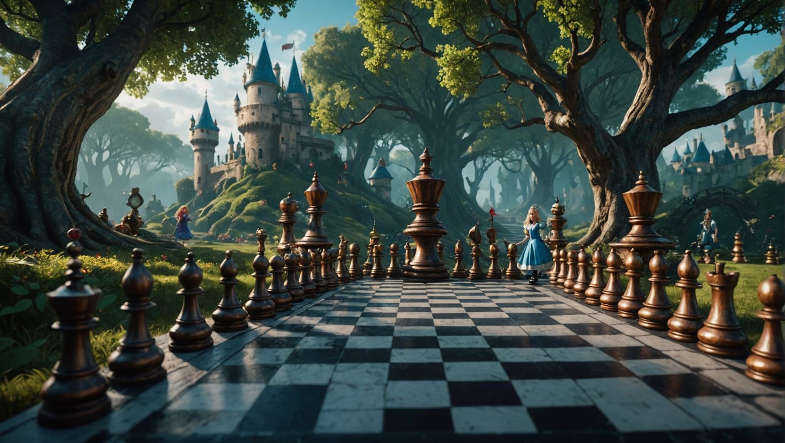 Alice in Wonderland Chess Scene in Matte Painting Style