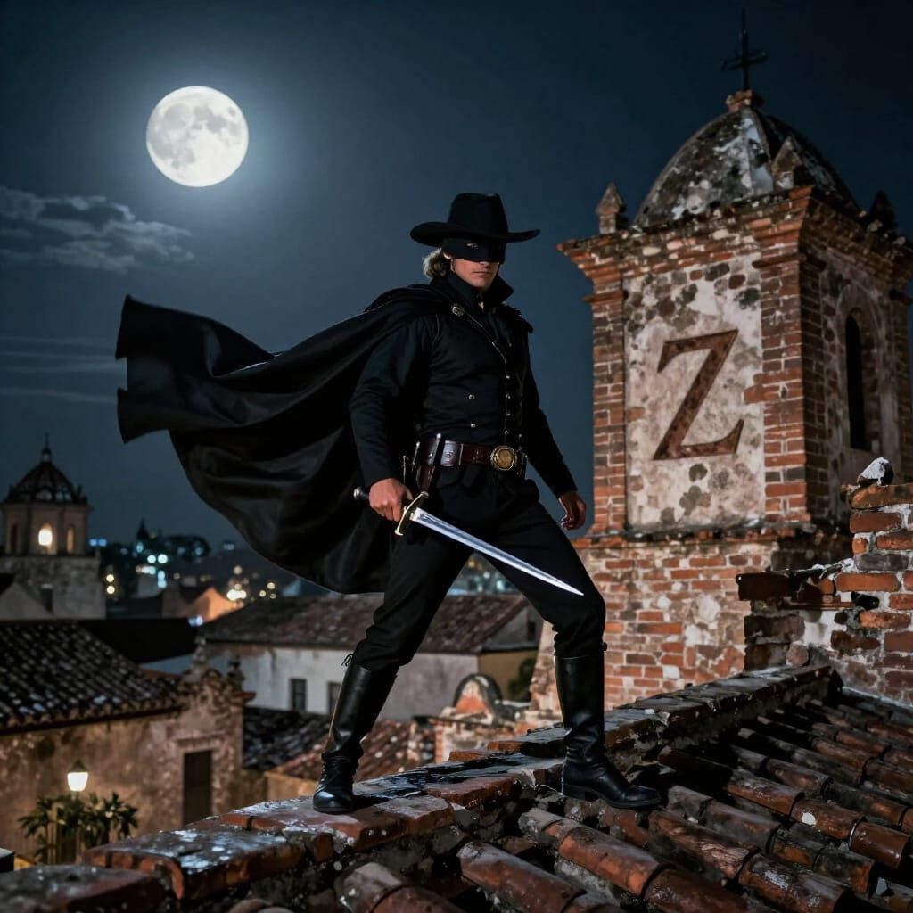 Zorro on Moonlit Rooftop, Classic Swashbuckling Style