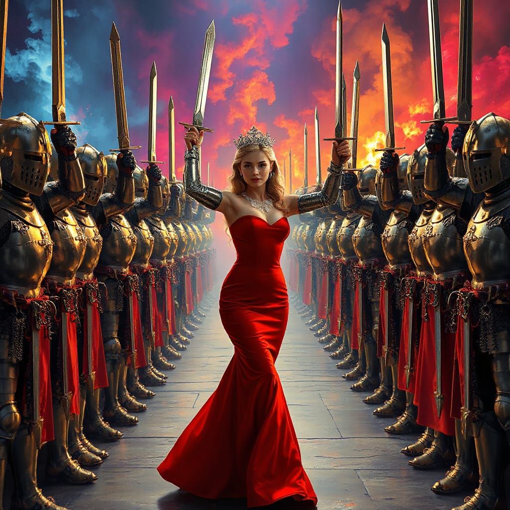 Princess Struts Under Sword Archway in Hyperrealistic Style