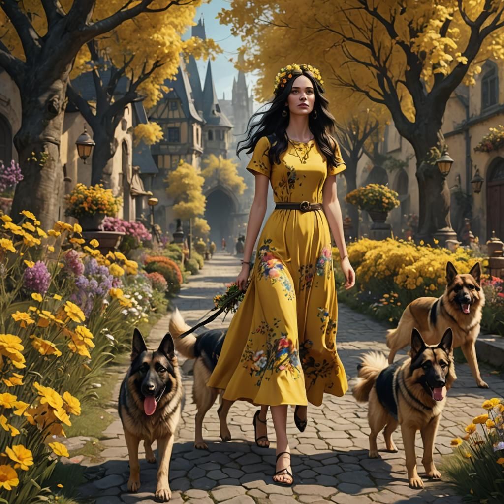 Girl with German Shepherds in Detailed Matte Painting