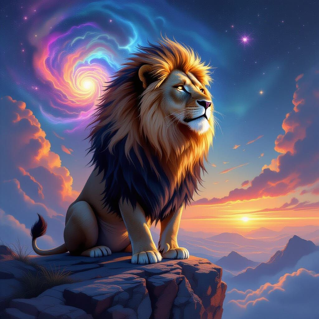 Nebula-Maned Lion Overlooking a Galaxy