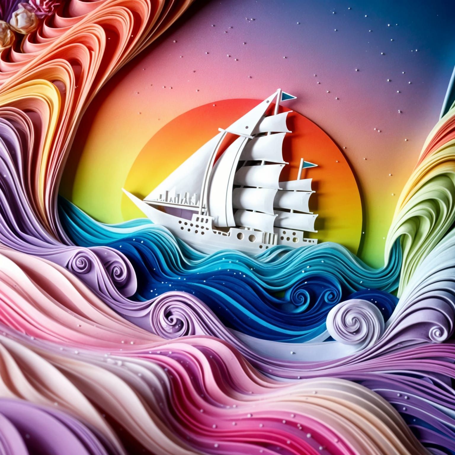 Intricate Paper Ship Amidst Colorful Swirling Waves